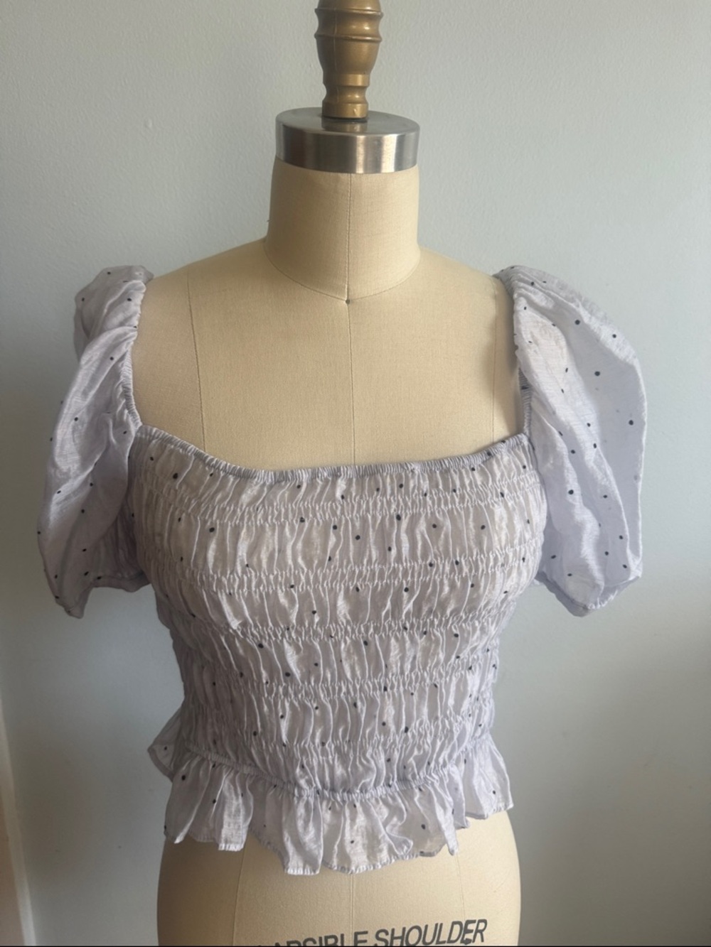 Smocked Puff Sleeve Light Blue Polka Dot Sheer Crop Top